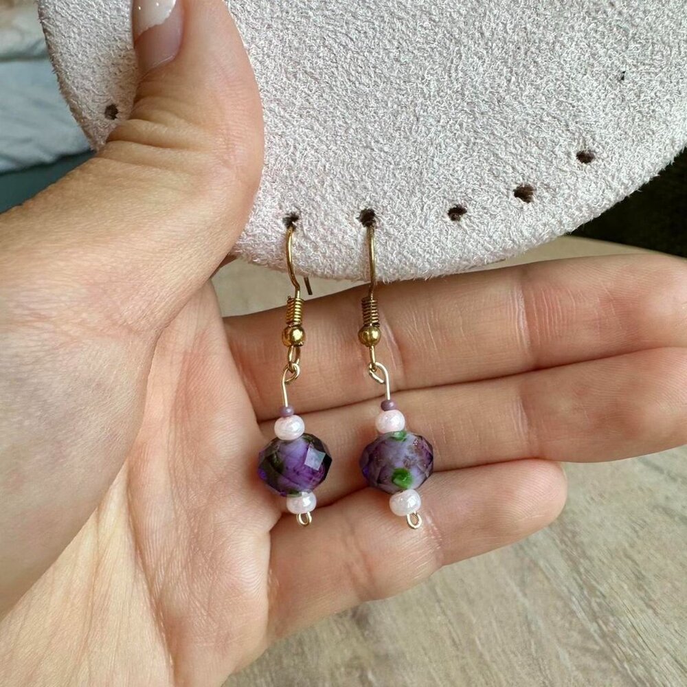 Purple beaded dangling gold earrings